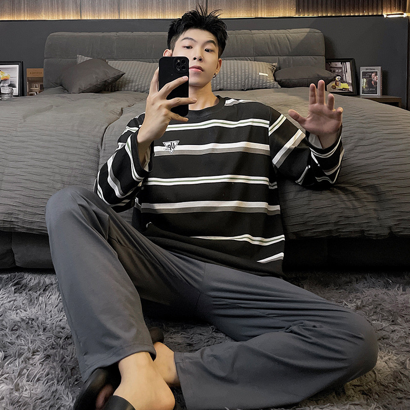 잠옷 남자의 가을과 겨울 면 긴팔 한국 스타일 만화 학생 십대 느슨한 세트 겉옷 가정 옷