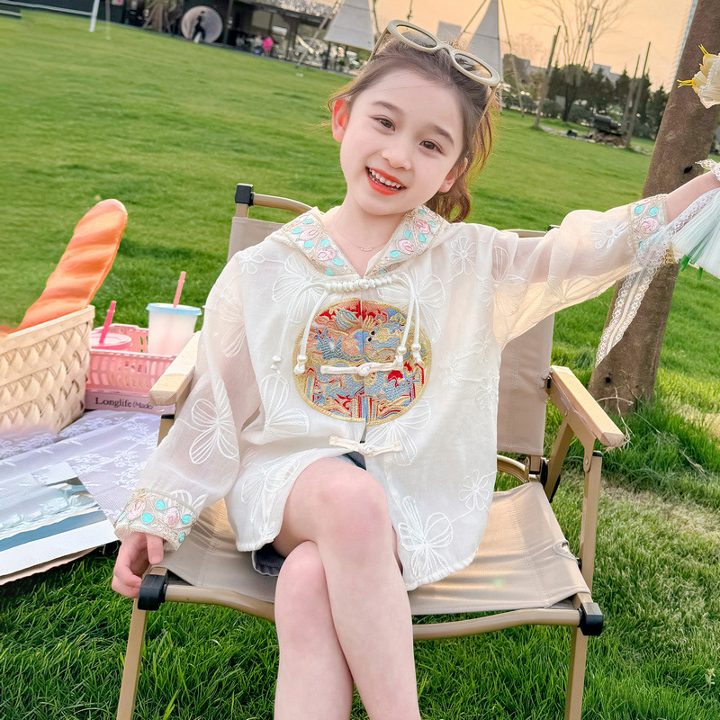 Girls' Traditional Style Sun Protection Jacket Summer Children's New Chinese Style Outerwear Summer Thin Breathable Baby Girls' Summer Sun Protective Clothing