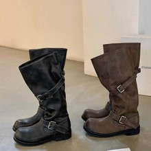 牛皮版~葡萄ma同款大筒围靴子圆头裤管靴粗跟厚底中长筒骑士靴女