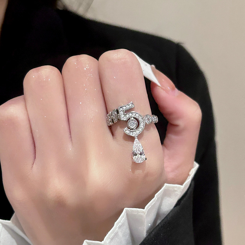Super Sparkling Zircon Digital Water Drop Open Ring For Women, Niche Versatile Design, Index Finger Ring, Fashionable_voghion.com