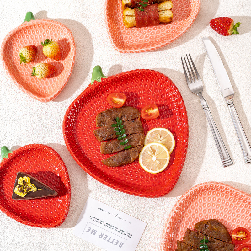 Tableware Strawberry Ceramic Plate Dish Plate Soup Plate Steak Plate Snack Plate Double-Layer Skewer Plate Nordic Creative Tableware