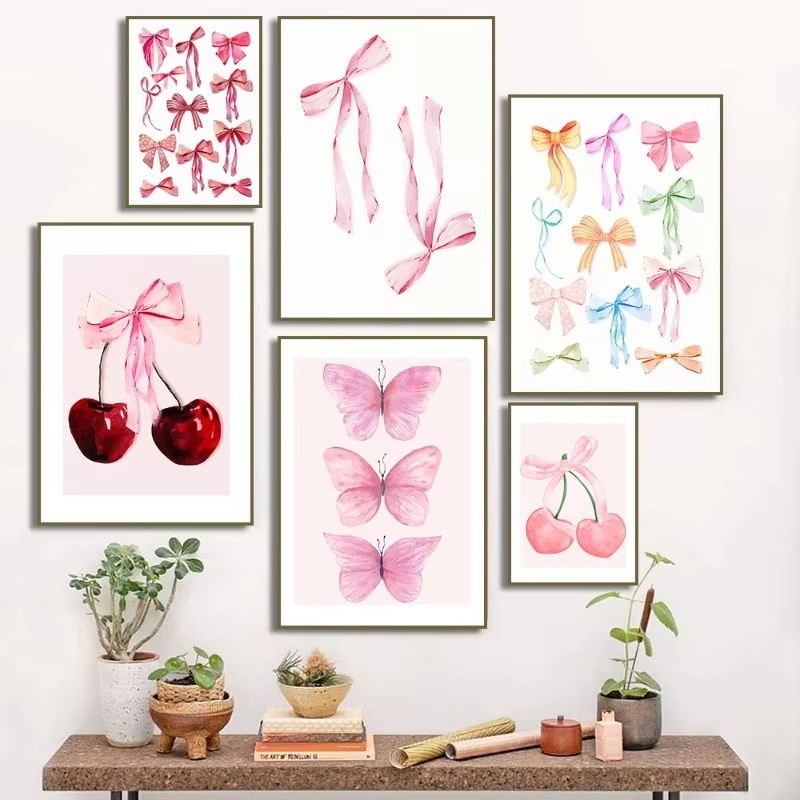 Pink Color Cute Cherry Butterfly Bow Knot Canvas Painting Wall Art