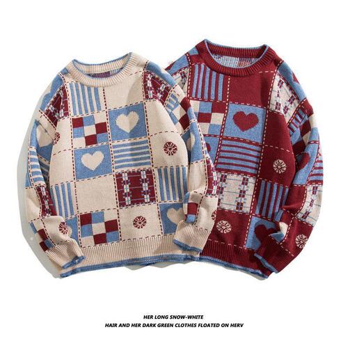 Japanese retro checkered heart crew neck sweater for men and women,ins loose student trendy brand couple lazy style knitwear