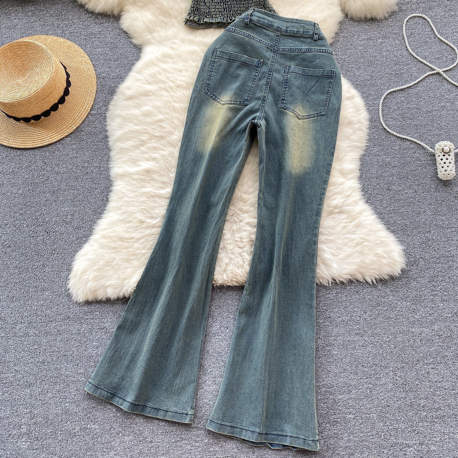 Women's Slimming Beaded Denim Suit Sexy Strapless Top High Waist Slightly Flared Length Retro American Two-Piece Outfit_ecoleips.com