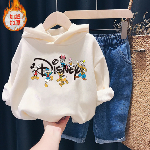 Children's Fleece-lined Thick Hooded Sweatshirt Girls' Stylish Over-the-Head Top Boys' Korean-style Coat Baby Autumn/Winter Children's Clothing