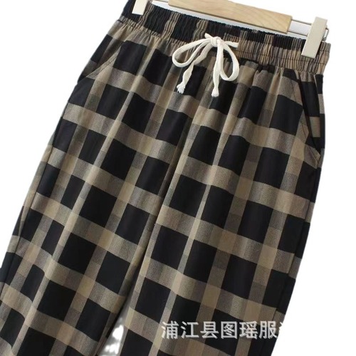 2025 Summer Thin Cotton Linen Pants for Women Middle-aged Loose Elastic Waist High Quality Large Size Straight Tube 9/10th Checkered Pants 