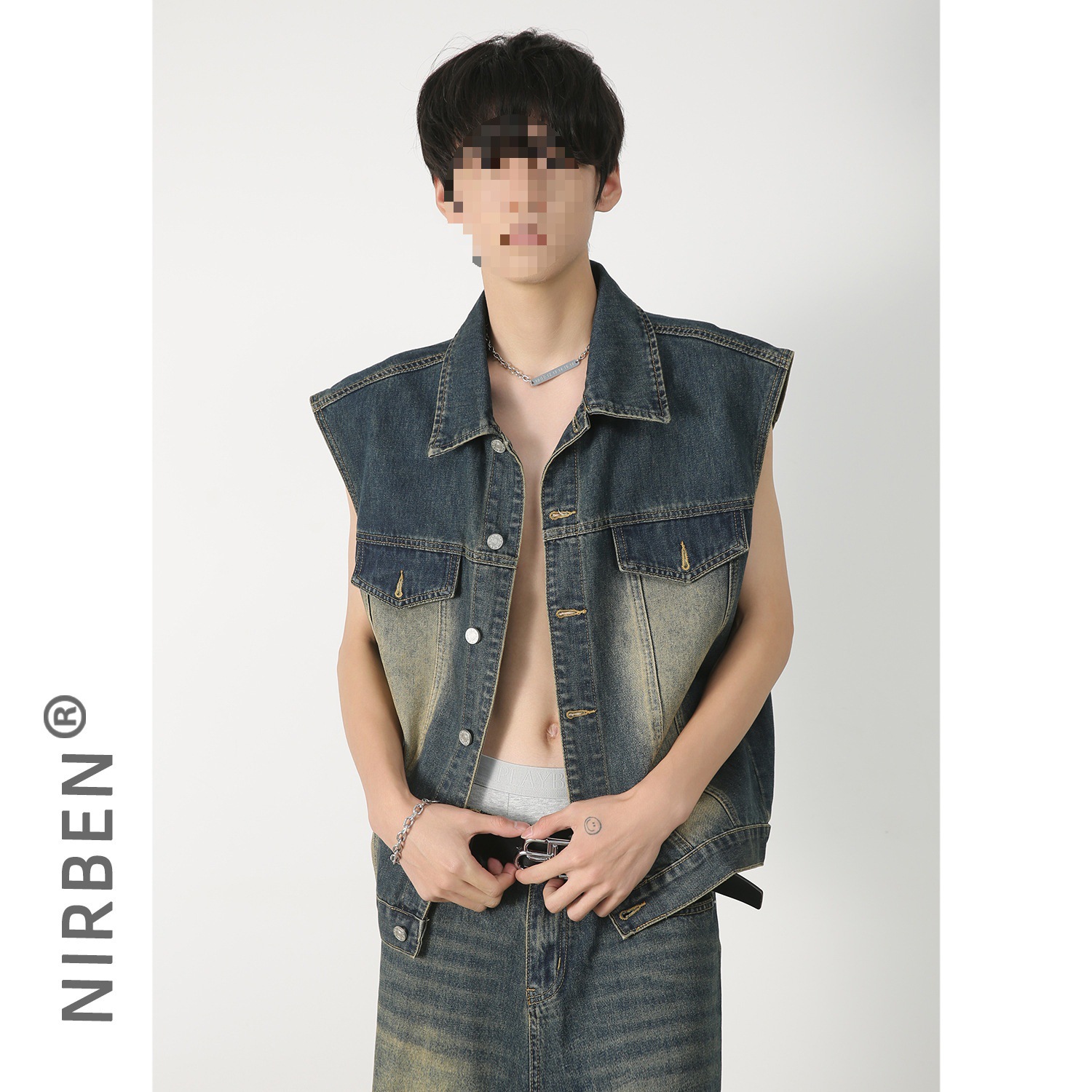 Nirben denim | traje de pantalones cortos de chaleco de mezclilla traje masculino de moda nicho suelto coreano casual sin mangas de dos piezas