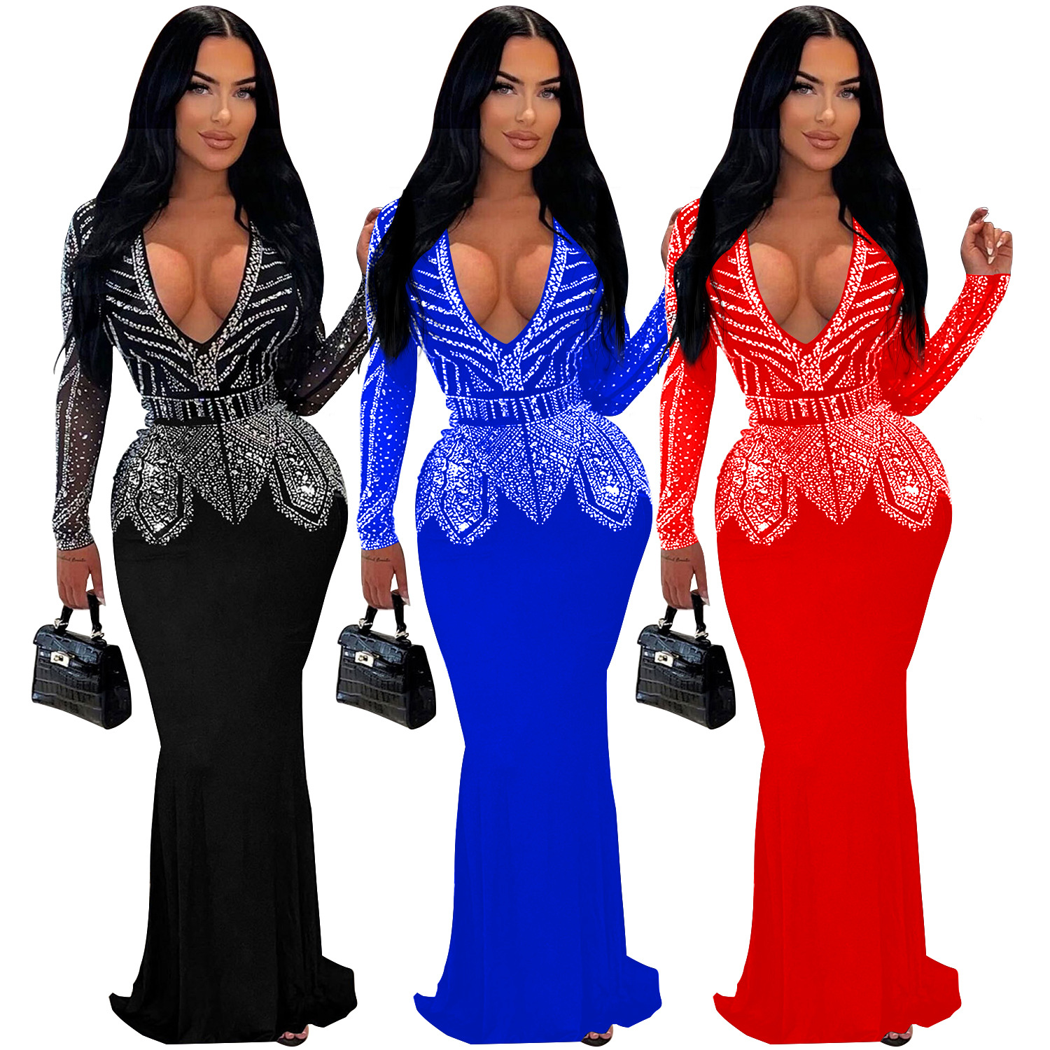 C7003 Aliexpress transfronterizo Amazon estación independiente de moda europea y americana nueva falda de diamante caliente vestido largo de cuello en V image 3