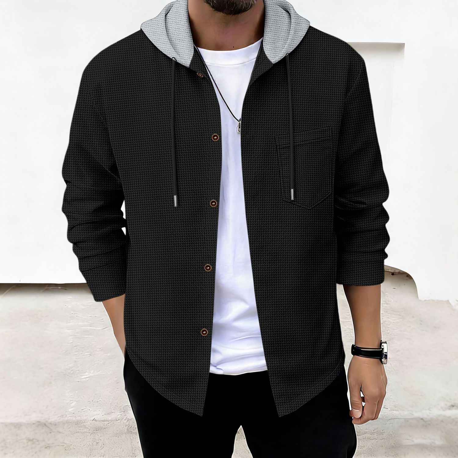 Heren wafelgebreide hoodie met zakken en knopen voor casual look_voghion.com