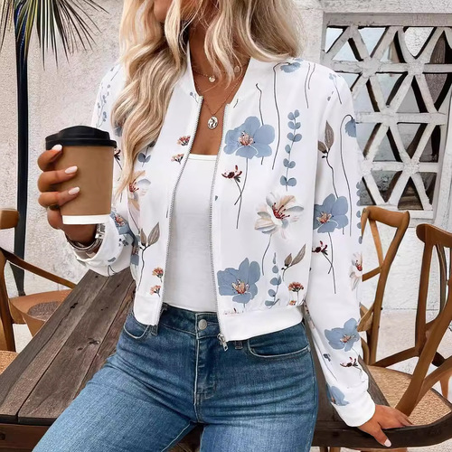 European and American cross-border spring 2025 elegant women's zipper floral print long-sleeved short casual jacket jacket