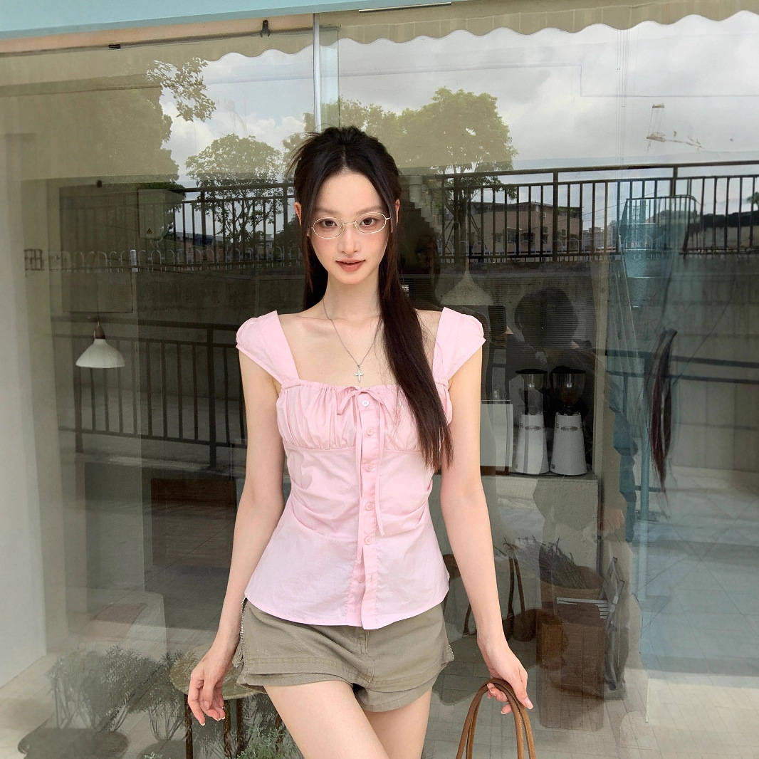 跨境批发性感纯欲风粉色方领绑带褶皱衬衫女夏季小众收腰显瘦上衣