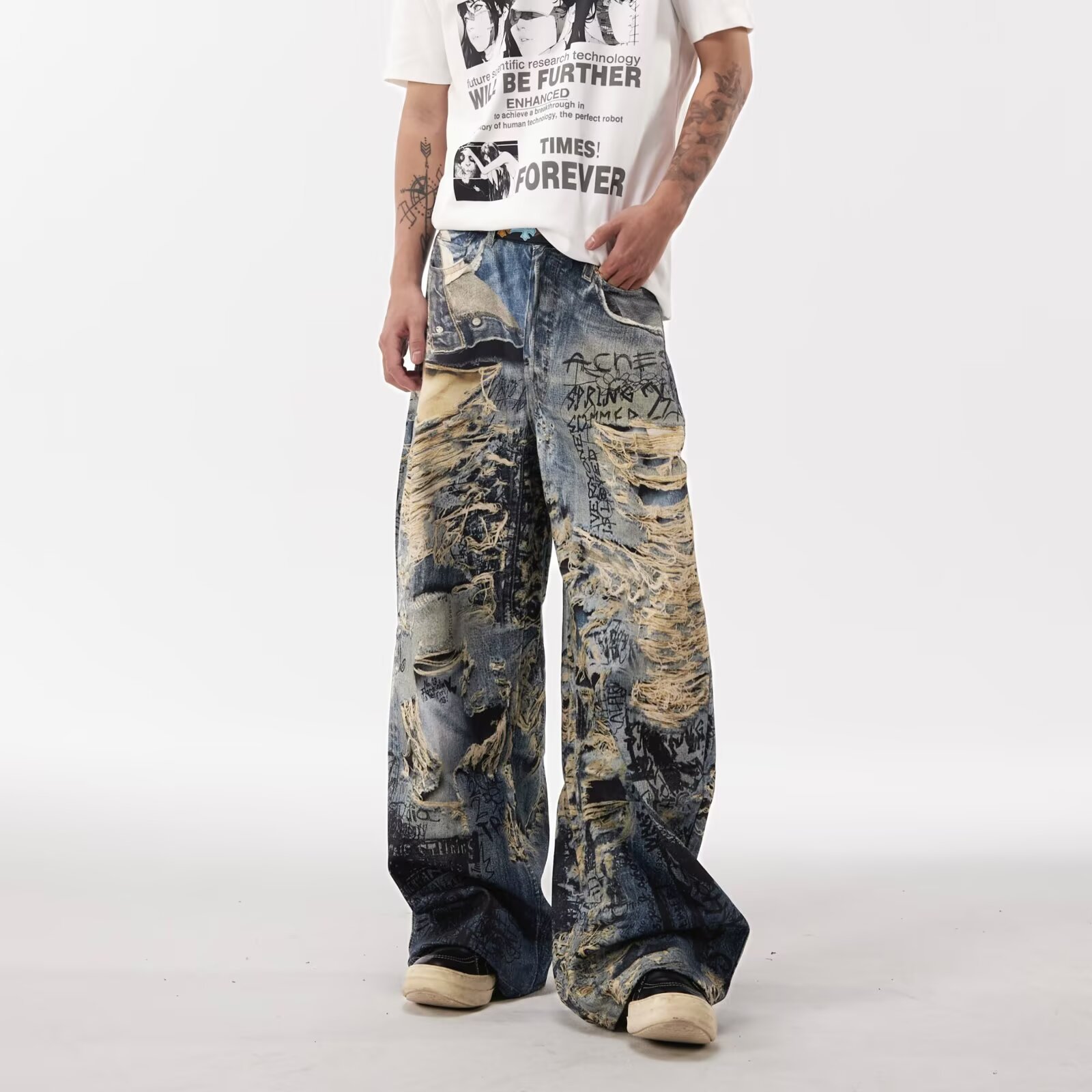 Herren Graffiti Destroyed Jeans Gerade Lockerer Streetstyle_voghion.com
