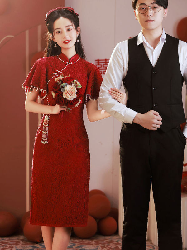 赤い敬酒服の新婦2025の新型の腕を遮って小さい背のチャイナドレスの婚約するドレスの女性は結婚して普段着ることができます。|undefined