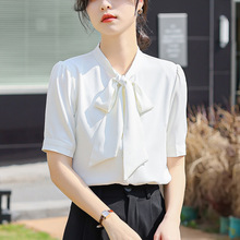 蝴蝶结雪纺短袖衬衫女夏季新款设计感气质时尚通勤职业衬衣上衣