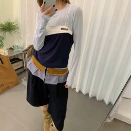 南油设计感小众 撞色拼接吊带+修身长袖上衣女两件套 秋季修身T恤