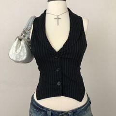 美式复古着风vintage条纹辣妹无袖背心衬衫夏季黑色修身短款上衣