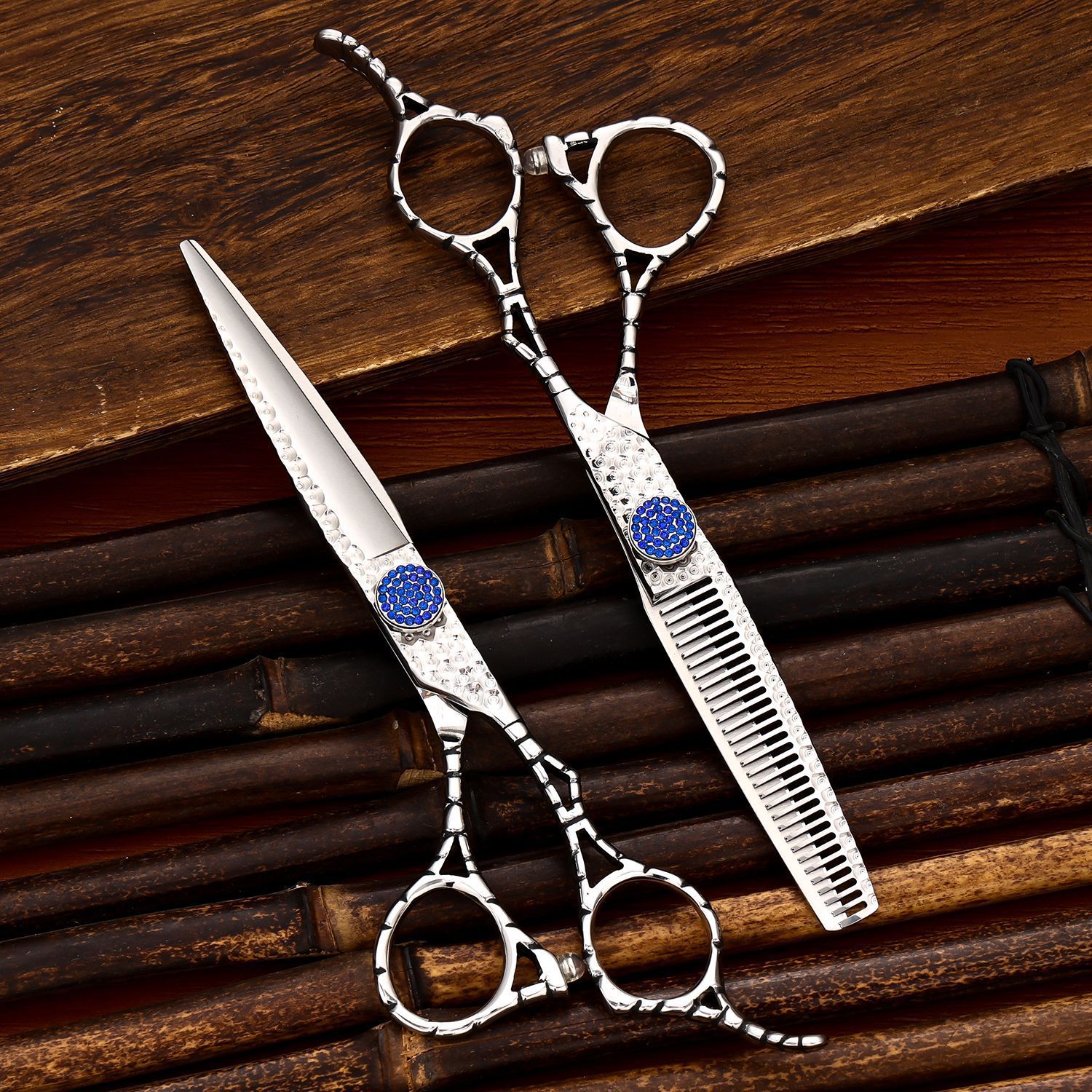 镂空手柄 SE2-6寸 蓝色宝石螺丝 牙剪 平剪 剪刀厂 外贸剪刀定制