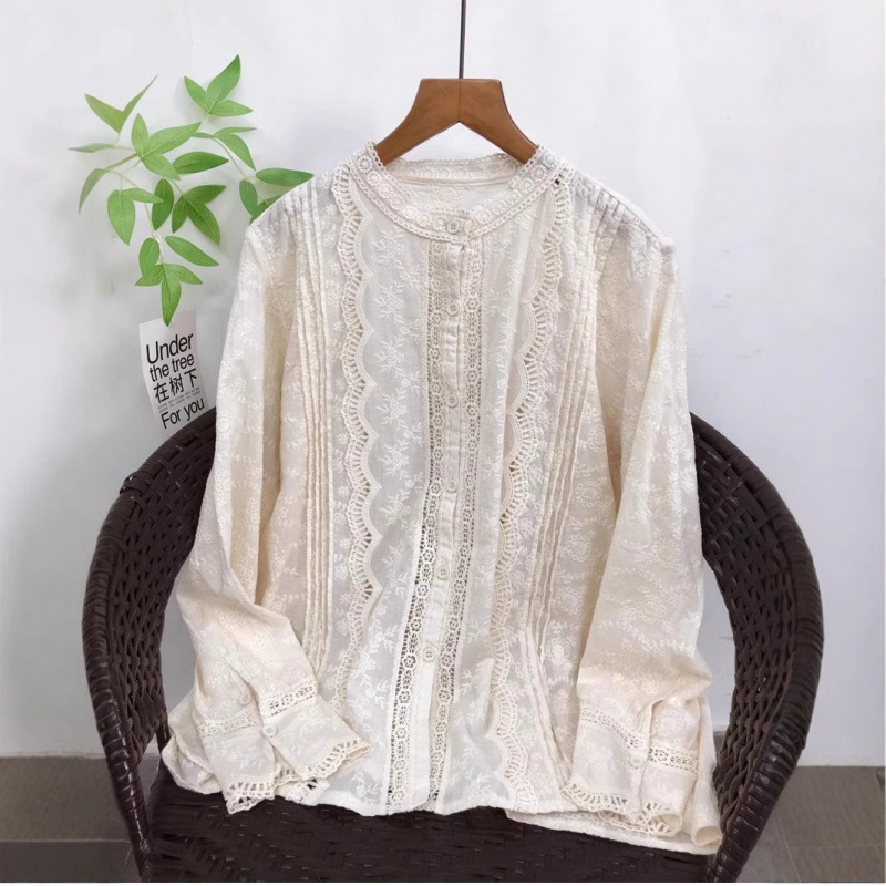 2025 Autumn Collection Hollow-Out Embroidered Lace Trim Stand Collar Long Sleeve Shirt for Women Sweet and Versatile Loose Shirt