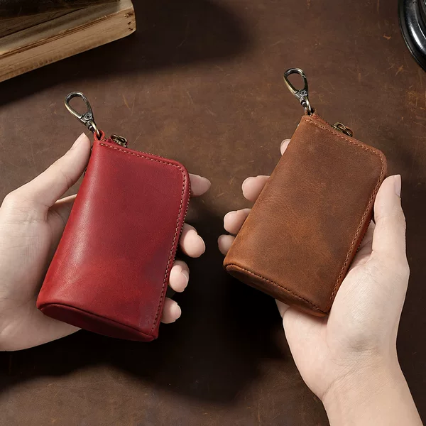 Genuine Leather Waist Key Holder, Handmade Crazy Horse Leather, Large Capacity, Integrated Storage Bag for Car Keys and House Keys