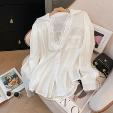简约风高级感白色假两件蕾丝拼接西装长袖宽松衬衫上衣女秋季