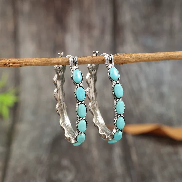 Cross-Border European and American Aliexpress Retro Western Style Turquoise Earrings Personalized Ethnic Style U-Shaped Turquoise Earrings in Stock