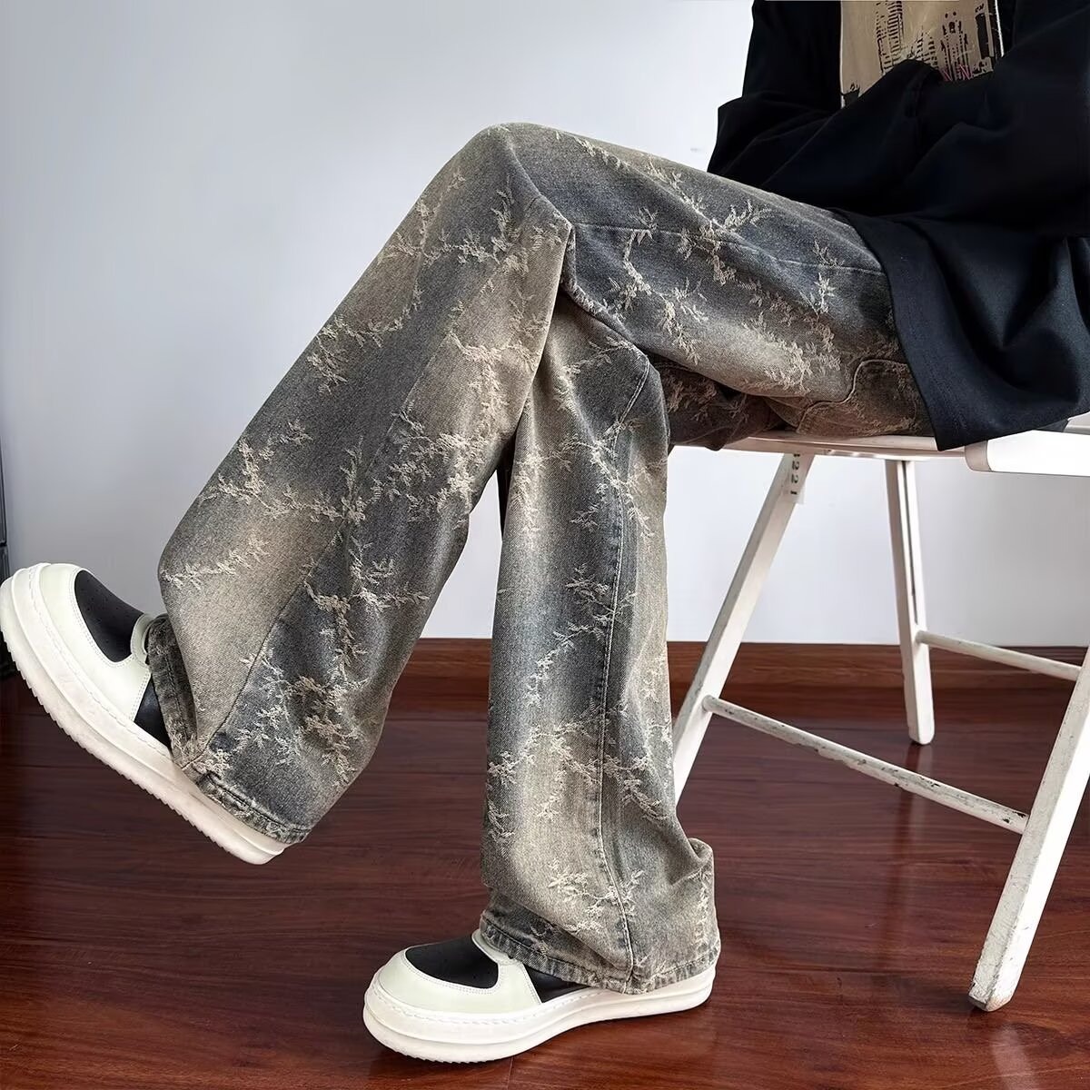 Primavera americana retro lavado con agua gradiente jacquard jeans hombre estilo de diseño americano delgado pantalones rectos