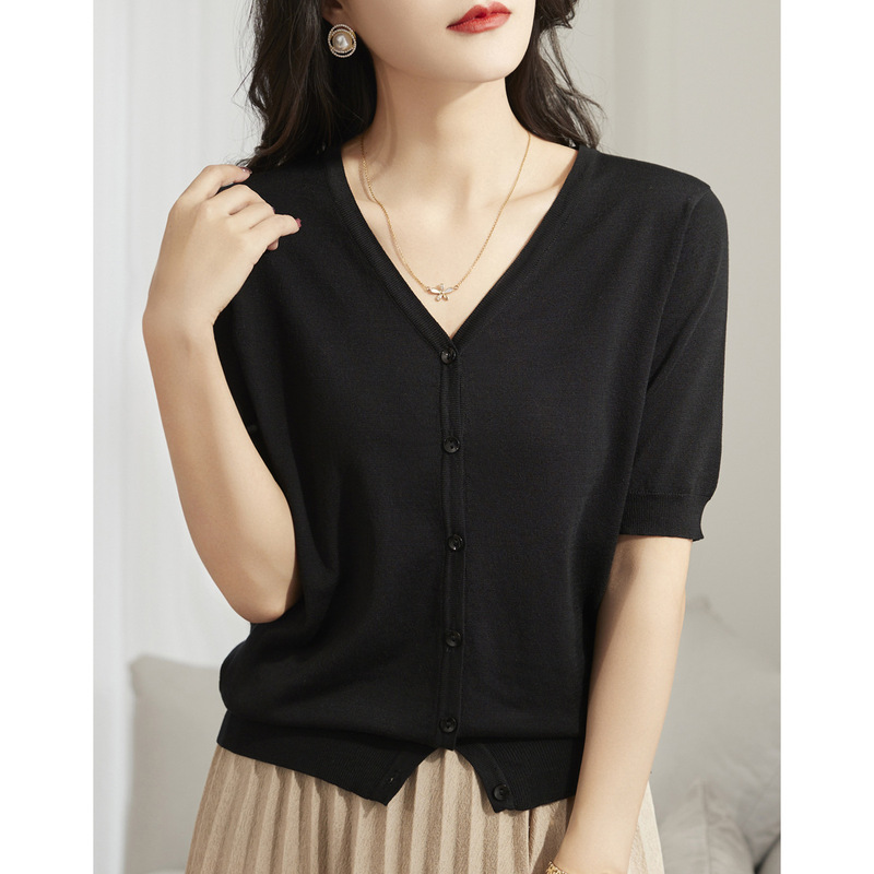 Summer New Versatile French Style V-neck Button Ice Silk Knitted Sweater High-end Sense Thin Loose Short-sleeved T-shirt Top for Women