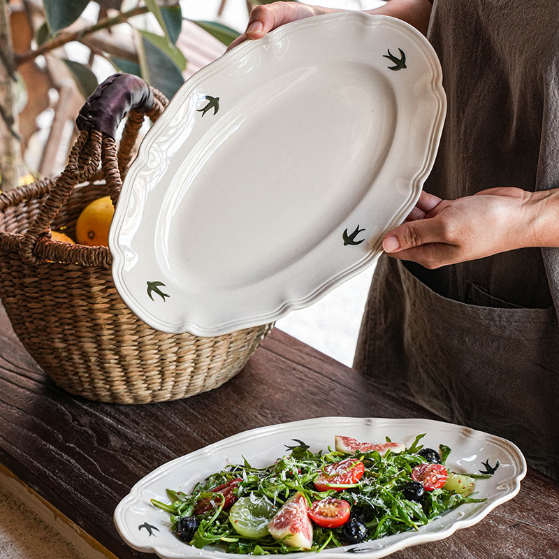 Tazón grande de cerámica japonesa estilo golondrina retro para sopa o fideos, plato para la cena, plato para postre, juego de tazones y platos para el hogar, vajilla creativa.