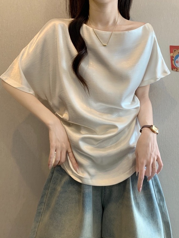 女性のためのハイエンドアセテートサテンオフショルダー半袖シャツ 2025 夏大きいサイズファット mm ストラップウエストトップ|undefined