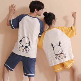 睡衣女夏季纯棉短袖短裤韩版卡通可爱可外穿男女士情侣家居服套装