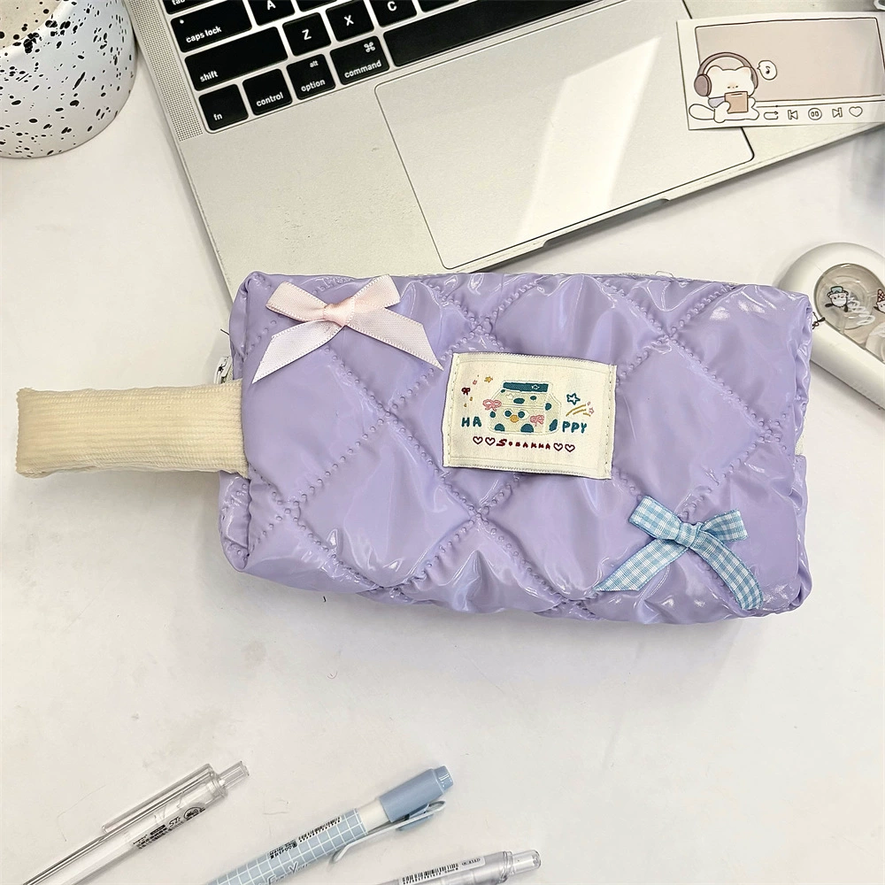 Capacious Pencil Case, Handheld Storage Bag with Bow Accent, Quilted Design, Multiple Colors