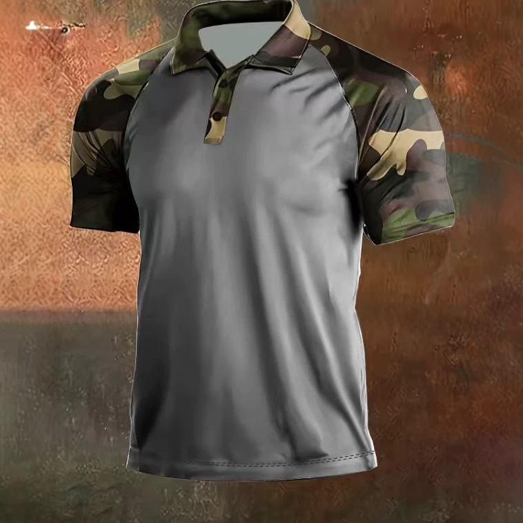 American-Style Workwear Printed Polo Shirt for Men, Camouflage Raglan Sleeves, Quick-Dry Short-Sleeve Outdoor Training Tactical Polo Shirt
