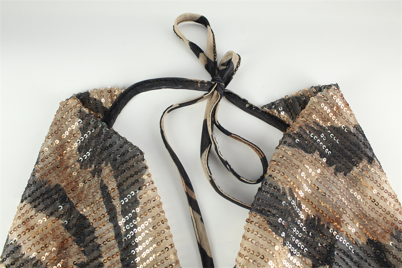 European And American Foreign Trade Women's Clothing New Fashion Sexy V-Destroyed Halter Dress Classic Leopard Pattern Printed Sequined Dress For Women display picture 7