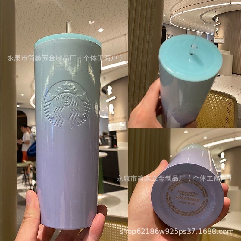 跨境双层大容量渐变色吸管不锈钢304保温杯车载杯学生情侣礼品杯|undefined