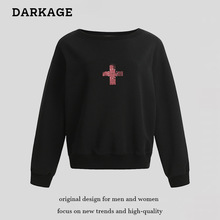 美式街头辣妹十字架印花圆领卫衣女新款斜肩大领口显瘦一字肩上衣