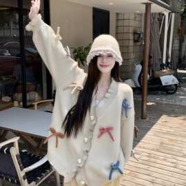 新款甜美减龄立体蝴蝶结毛衣女春秋季设计感木耳边宽松针织外套潮