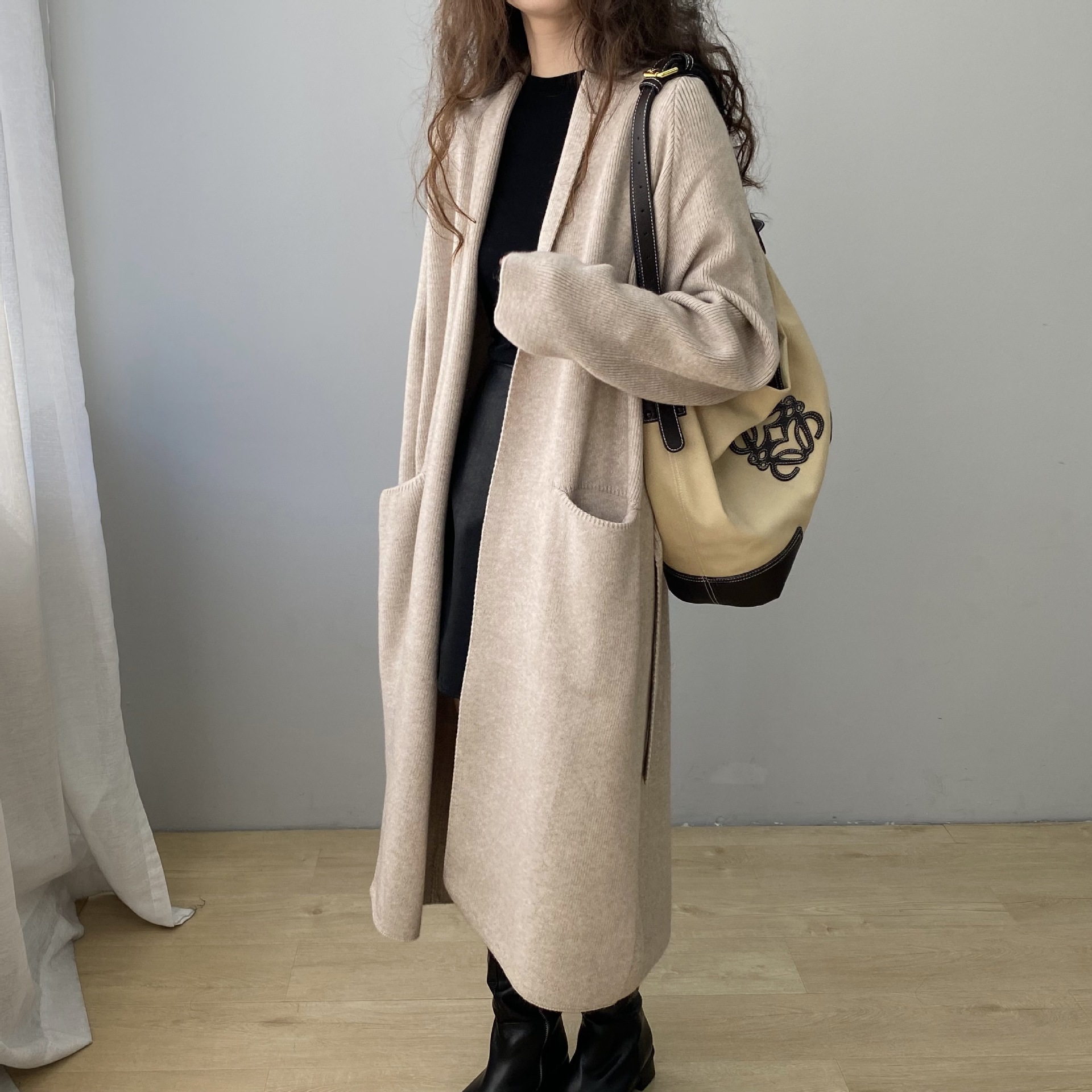 (2개) JIA ZHI?게으른 스타일 루즈 코트 라펠 통근 가디건 코트 솔리드 컬러 롱 아우터 스웨터 B7237