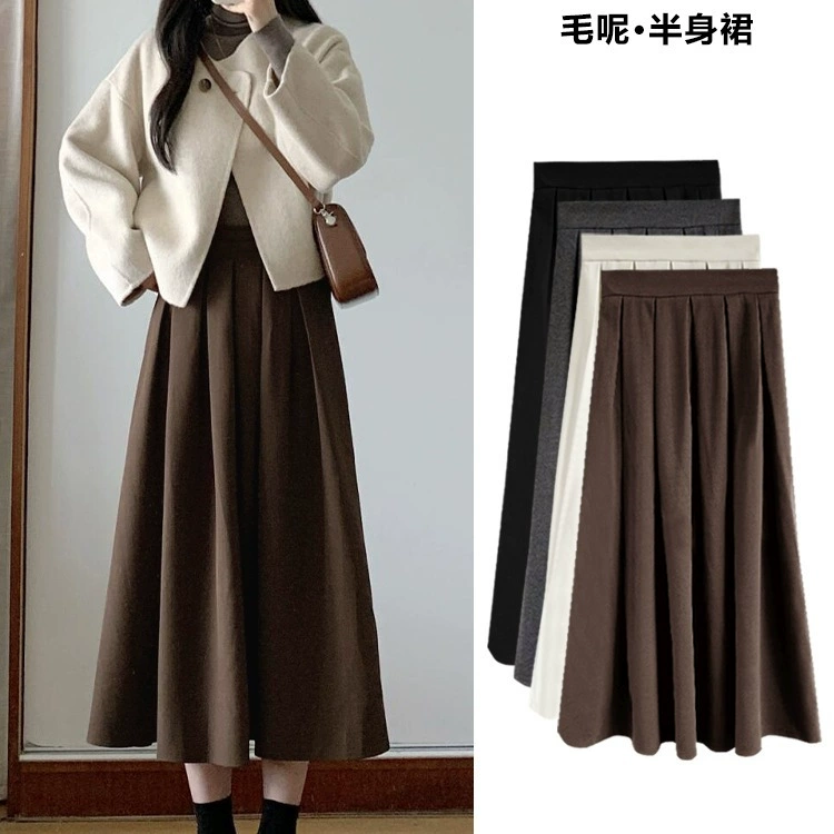 Цвет карри шерстяная плиссированная юбка женский осенью и зимой бархат 2024 новая юбка с высокой талией