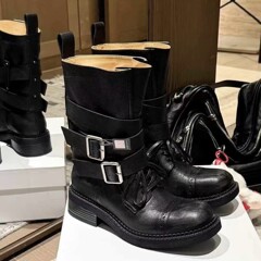 高精細！パリ牛革厚底ショートチューブナイトブーツ本革バックルストラップオートバイブーツ英国風マーティンブーツウエスタンブーツ