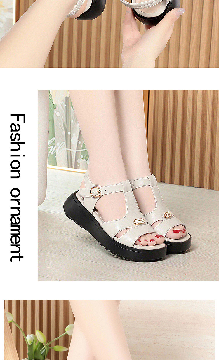 Sandal nữ đế dày quai chữ V da thật mềm đi biển mùa hè — Màu đen chi tiết 10