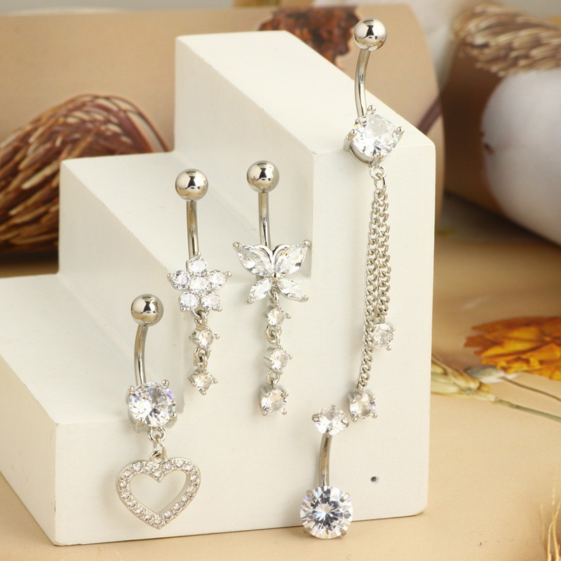 Heart-Shaped Navel Ring Zircon Belly Button Ring 5-Piece Set Body Piercing Jewelry detail image 7
