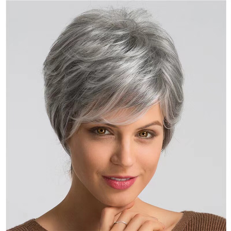 European and American wig female grandma gray middle-aged and elderly fashion short curly hair full head wig factory in stock one-piece delivery