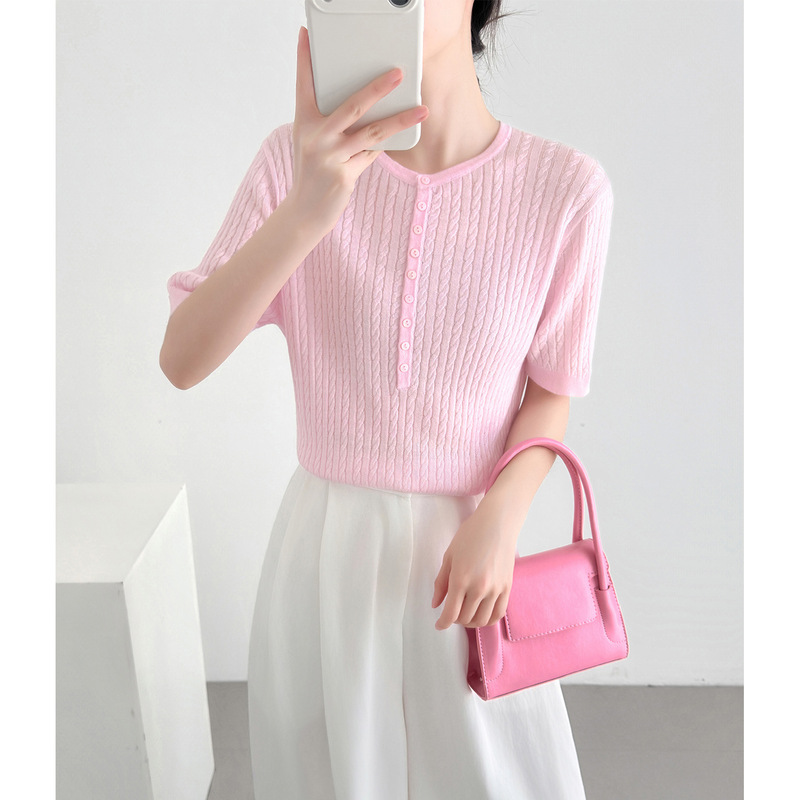 Acetate Wool Old Money Style Cable Knit Sweater Top for Women, Summer Thin High-End Slim-Fit Regular Shoulder Short-Sleeve T-Shirt Acetate Wool Old Money Style Cable Knit Sweater Top for Women, Summer Thin High-End Slim-Fit Regular Shoulder Short-Sleeve T-Shirt