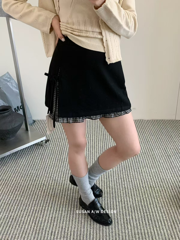 8.18 复古格纹木耳边拼接蝴蝶结半身裙女2025秋季新款短裙26755|undefined