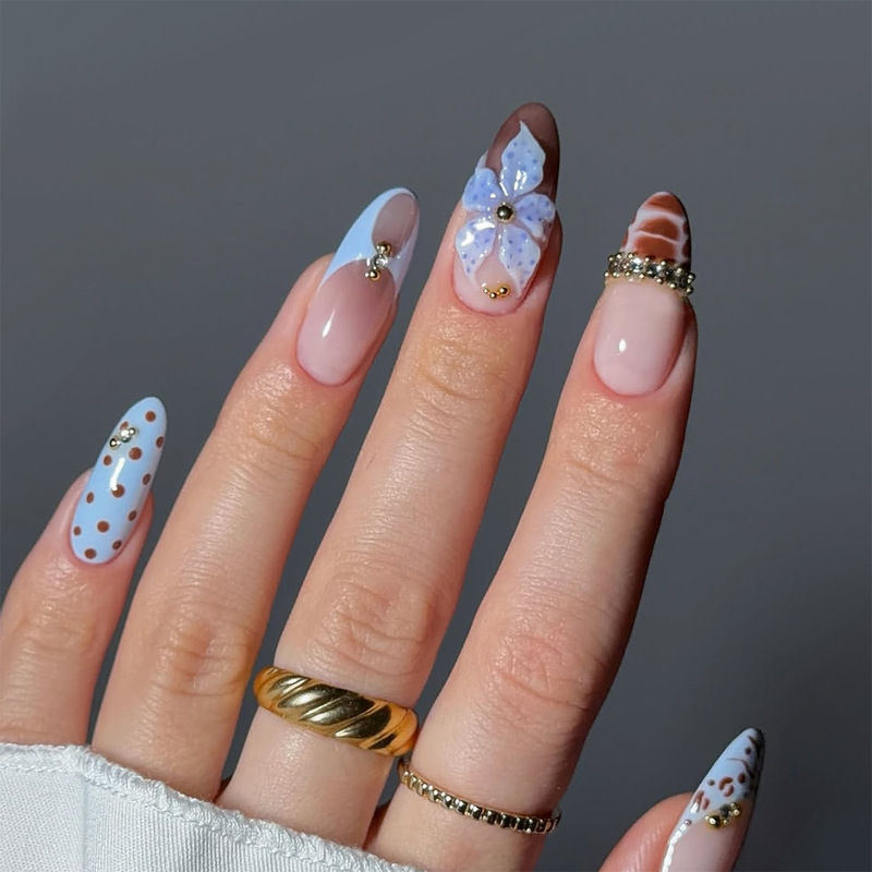 Cross-Border 24-Piece Light Blue 3D Gel Flower Polka Dot French Style False Nails Wearable Nail Tips Wholesale Cross-Border 24-Piece Light Blue 3D Gel Flower Polka Dot French Style False Nails Wearable Nail Tips Wholesale