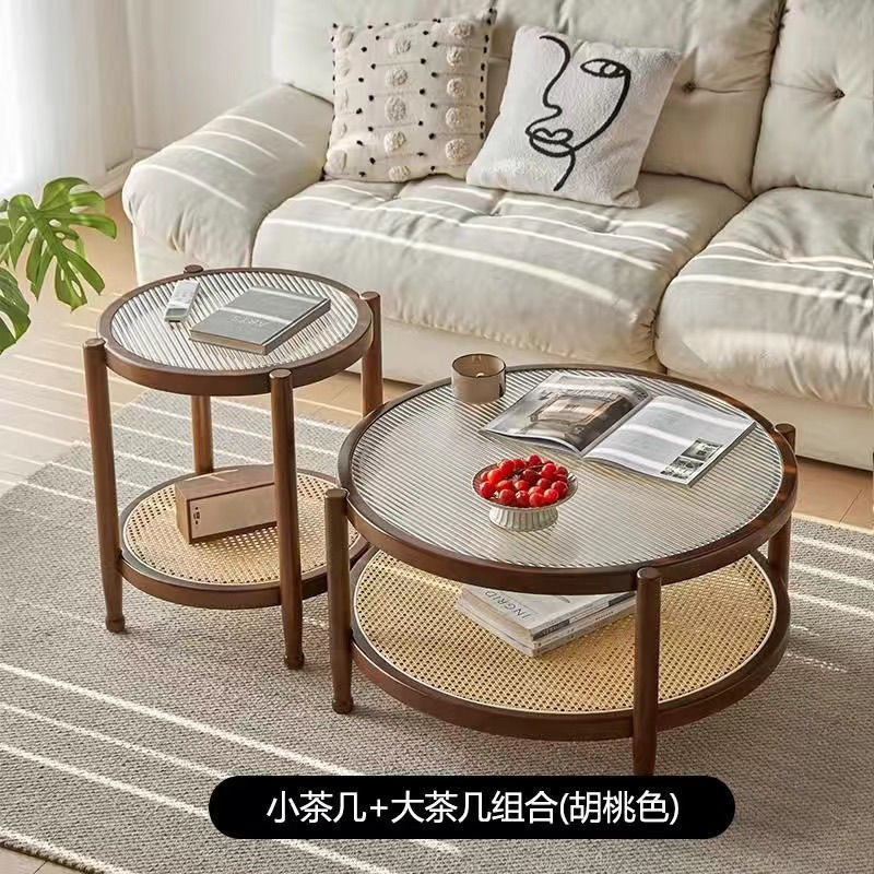 和風の小さなリビングルームのコーヒーテーブル北欧スタイルの無垢材籐織り長虹二層ラウンドシンプルなガラスコーヒーテーブルの組み合わせ|undefined