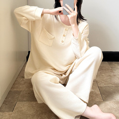 绵羊绒睡衣女秋冬季新款套头圆领保暖长袖套装简约宅家懒人家居服