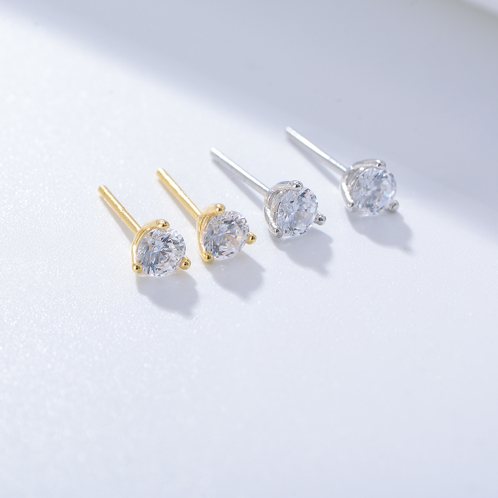 Peishang S925 Pendientes redondos de circonita de tres garras de plata esterlina Pendientes mini simples de moda para mujer Pendientes pequeños