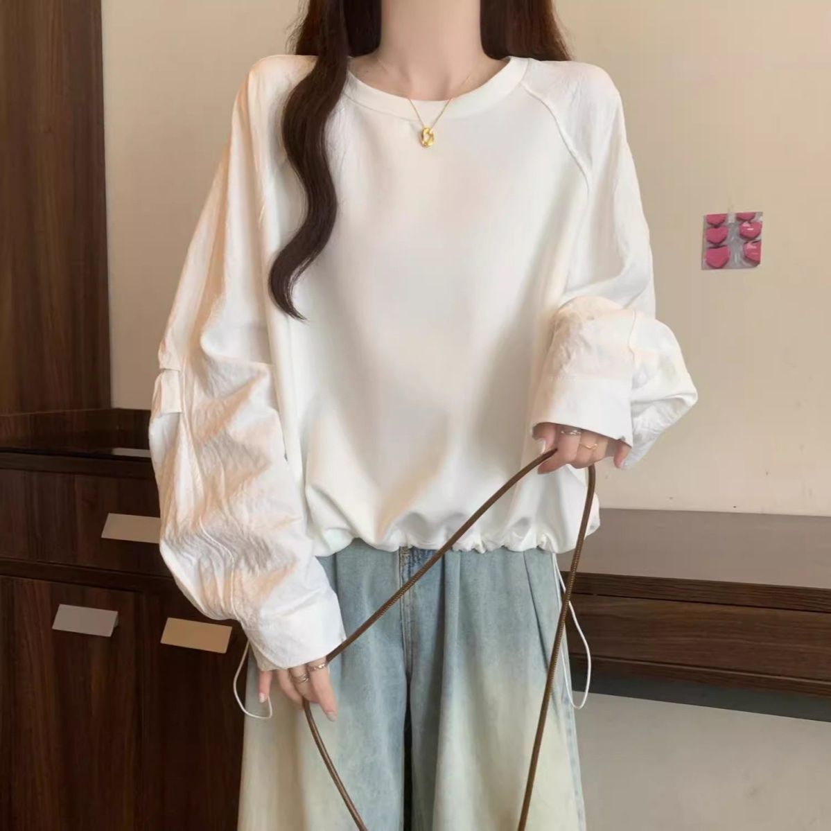 圆领不规则抽绳正肩长袖卫衣女秋季大码胖妹妹小众设计感打底上衣