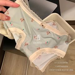 Summer ice silk sleepy bear girl cute simple and comfortable cotton crotch mid-waist lace women's briefs